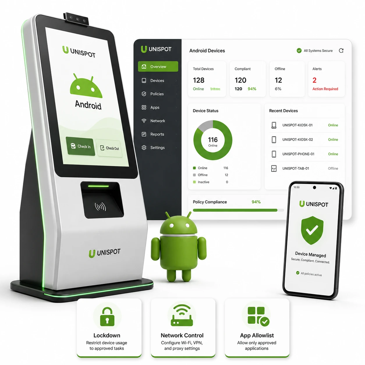Android kiosk software platform with MDM enrollment and remote management support